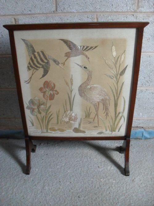 Edwardian Mahogany and Silk Embroidery Firescreen