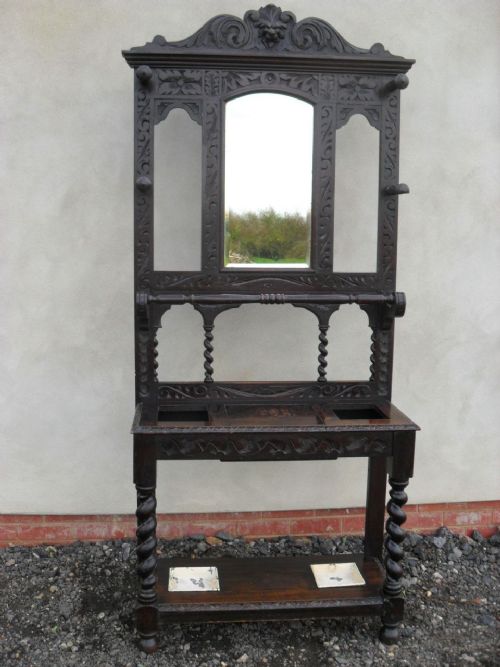 Victorian Carved Oak and Barley Twist Bevel Mirror Hall Stand