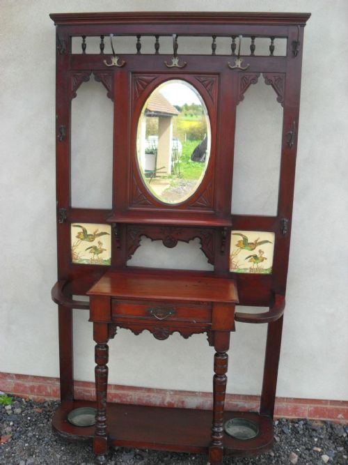 Victorian/edwardian Mahogany Bevel Oval Mirror and Original Tile Back Hall Stand