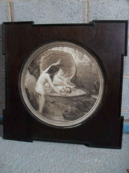 Edwardian Square Oak Framed Circular Print of Mother and Child in Shell