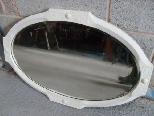 Carved Oak Framed Painted White Oval Bevel Edge Hanging Wall Mirror