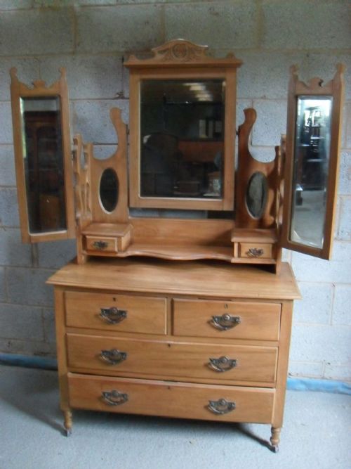 Victorian Satin Walnut Triple Mirror Back Art Nouveau Influenced Dressing Chest