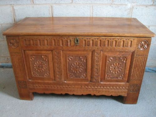 Superb Sturdy Late 18th Century Carved Light Oak Panel Coffer