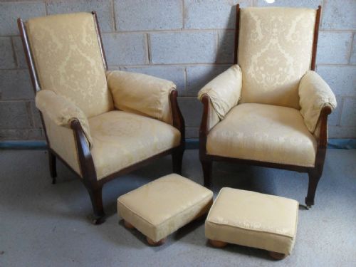 Lovely Pair of Edwardian Show Wood Mahogany Arts & Crafts Upholstered Armchairs with Matching Stools