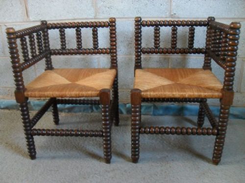 Lovely Pair of Oak Bobbin Turned Corner Chairs with Woven Sea-grass Seats