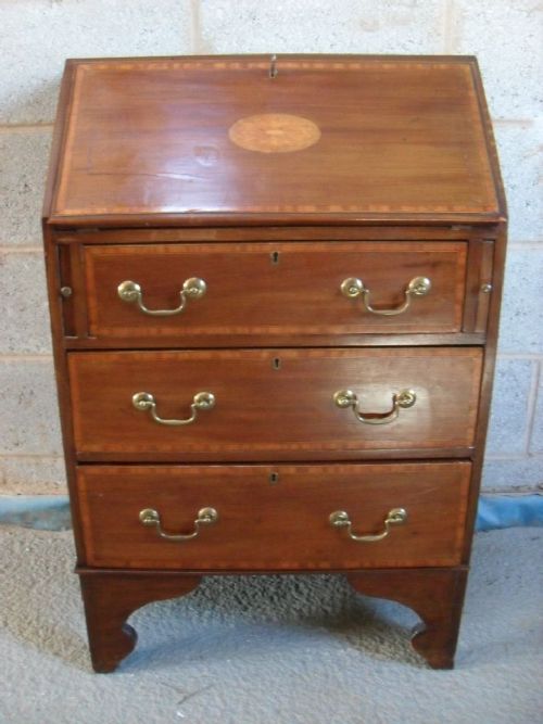 Edwardian Mahogany Inlaid Small Brass Handled Bureau