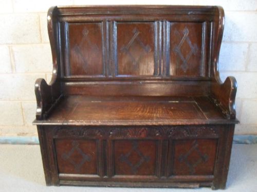 Late 18th Century Carved Panelled Oak Box Storage Settle