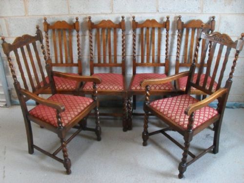 Superb Set of Six Oak Barley Twist Slat Back Dining Chairs