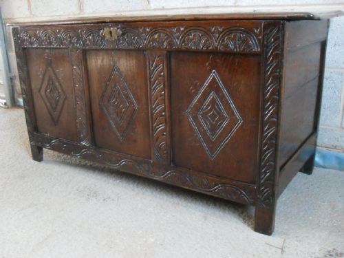 18th Century Carved Oak 3 Panel Coffer on Stile Supports