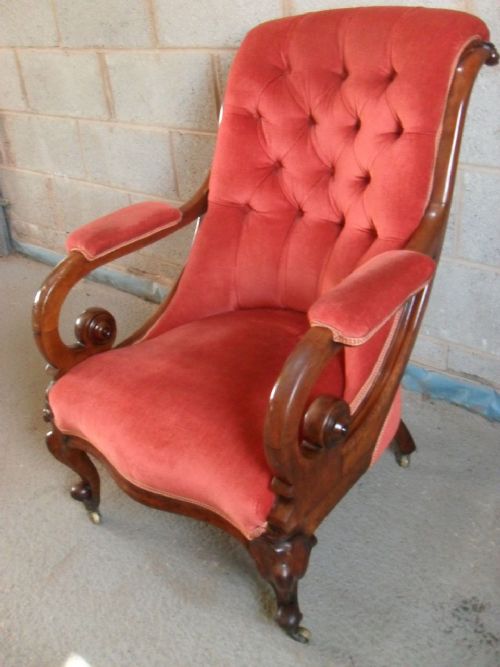 Superb Victorian Walnut Showood Button Upholstered Armchair
