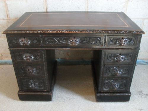 Lovely Small Victorian Carved Oak Green Man 3 Part Pedestal Desk