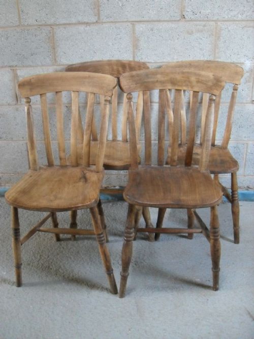 Set of Four Elm and Ash Windsor Slat and Bar Back Kitchen Dining Chairs