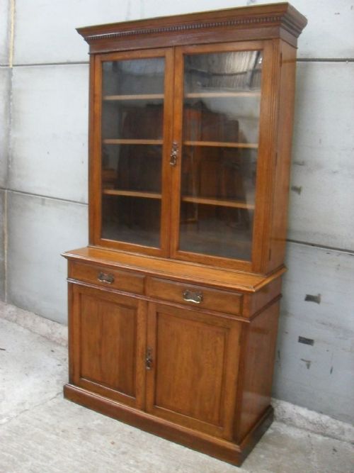 Quality Edwardian Oak 2 Piece Glazed Library Bookcase Cupboard by Maple & Co