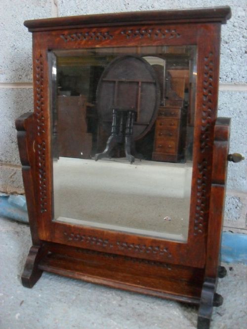 Oak Carved Arts and Crafts Dressing Table Bevel Edge Swing Mirror