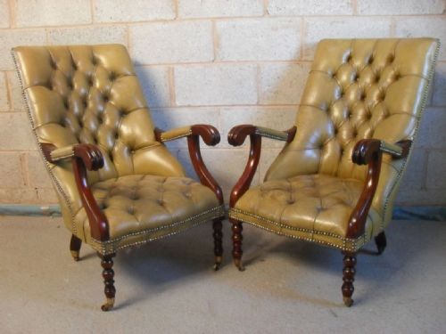 Lovely Victorian Pair of Button Leather Upholstered Show Wood Library Armchairs