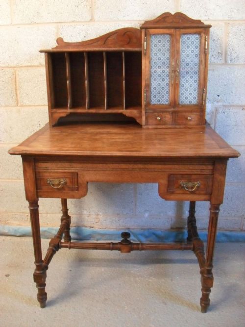 Unusual French Oak and Beech Writing Desk Table with Stationary Gallery Back