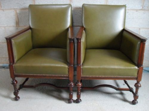 Superb Pair of 19th Century Studded Leather and Inlaid Mahogany Library Reading Armchairs