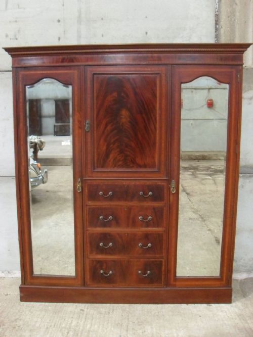 Edwardian Mahogany Crossbanded and Inlaid 2 Mirror Door Compactum Wardrobe