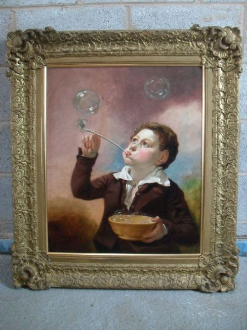 Superbly Painted Oil on Canvas 'Boy Blowing Bubbles' in Superb Gilt Frame
