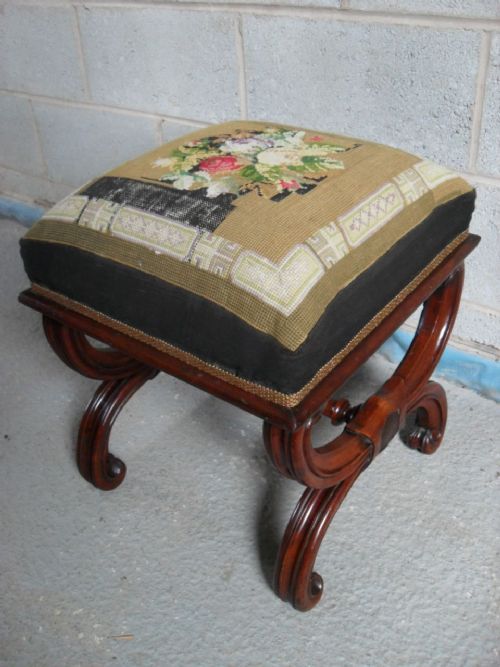 Victorian Walnut Scroll Cross Frame Square Needlework Upholstered Dressing Stool