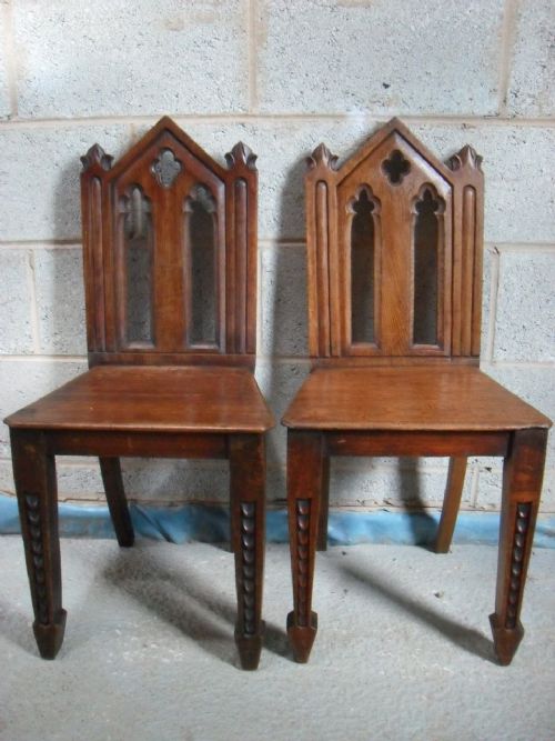 Pair of Gothic Oak Hall Side Chairs with Carved Pierced Backs