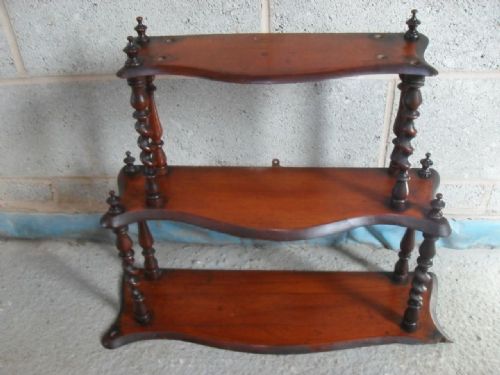 Victorian Mahogany Tapering Shaped 3 Tier Turned and Barley Twist Hanging Wall Whatnot Shelves