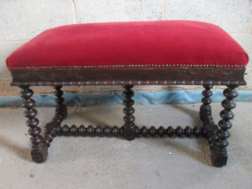 Victorian Carved Oak and Bobbin Turned Upholstered Duet Dressing Stool