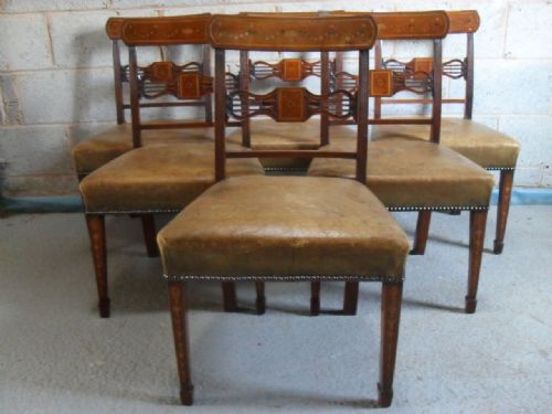 Fantastic Set of 6 Regency Mahogany & Inlaid Leather Seat Bar Back Dining Chairs