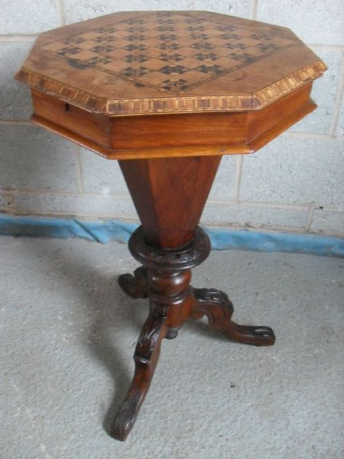 Victorian Walnut and Tunbridge Inlaid Trumpet Sewing Work / Games Table