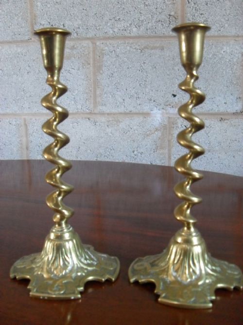 Pair of Barley Twist Spiral Gothic Influence Brass Candle Sticks