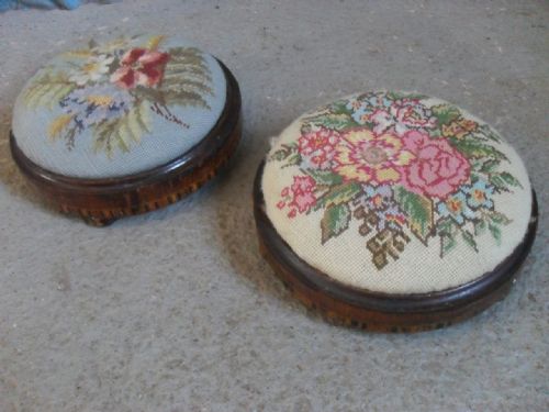 Victorian Pair of Circular Mahogany Tunbridge Inlaid Wool-work Upholstered Footstools