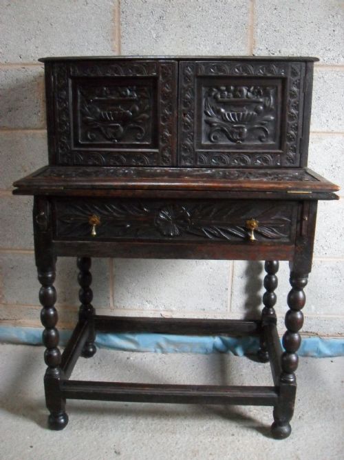 Late 18th/19th Century Carved Oak Fold Out Writing / Stationary Desk Cabinet