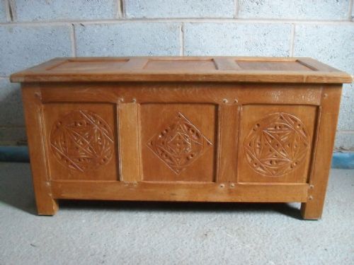 19th Century Light Oak Sturdy Carved 3 Panelled Coffer