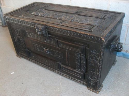17th Century and Later Carved Panel Oak Coffer/chest with Cherub Mask Handles