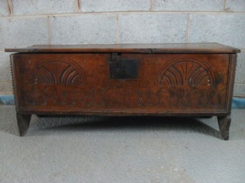 17th Century Carved Elm Plank Coffer / Blanket Chest