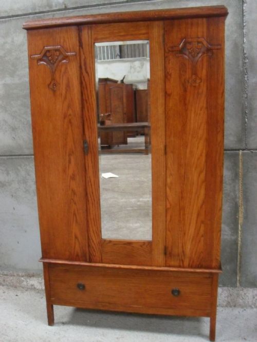 Edwardian Light Oak Bevel Mirror Door Wardrobe with Drawer