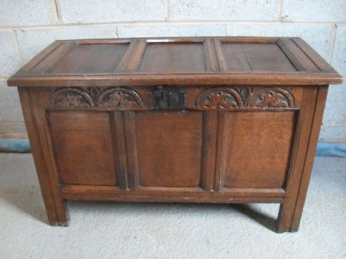 Late 17th Century Carved Oak 3 Panelled Coffer on Stile Supports with Panelled Lid and Sides