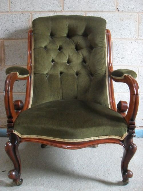 Victorian Mahogany Show-wood Button Upholstered Open Scroll Armchair