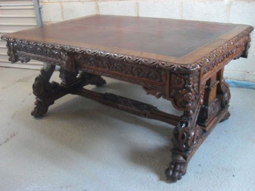 Fantastic Victorian Carved Oak Partners Library Desk/table with Leather Insert