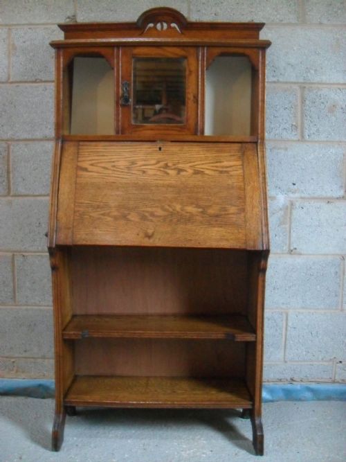 Slim Oak Arts & Crafts Bureau Bookcase with Bevel Mirror Cupboard