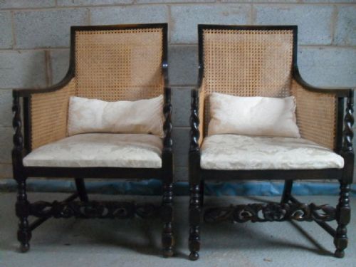 Late 19th Century Pair of Oak and Beech Bergere Caned Armchairs