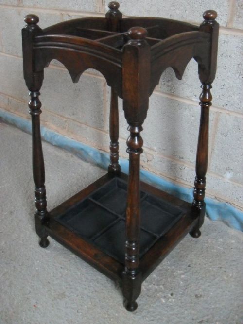 Lovely Victorian Oak Square 4 Section Stick/umbrella Stand with Drip Tray