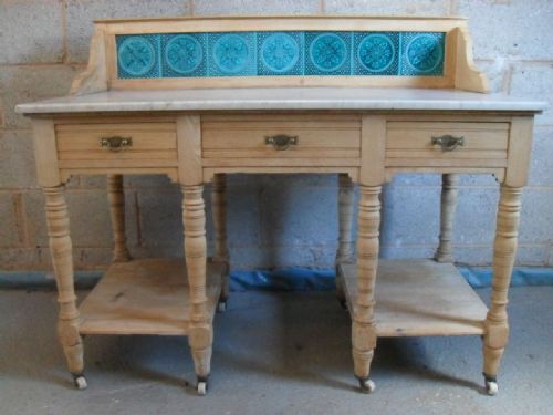 Lovely Victorian Marble Top Tile Back Ash 3 Drawer Washstand / Desk