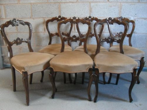 Set of 6 Victorian Walnut Carved Balloon and Bar Back Dining Chairs