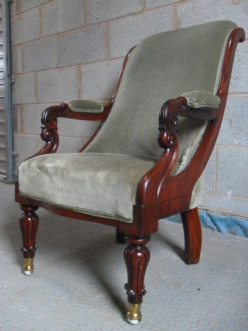 Victorian Mahogany Show-wood Upholstered Open Fireside Armchair