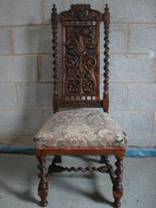 Superb 19th Century Carved Oak and Barley Twist Hall / Side Chair