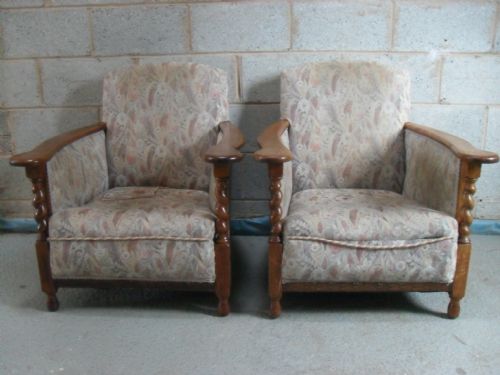 Great Pair of Oak Barley Twist Upholstered Deep Easy Armchairs