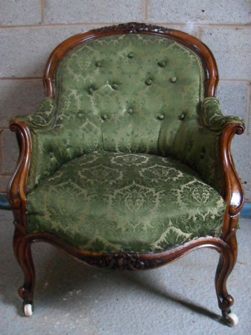 Lovely Victorian Walnut and Button Upholstered Show Frame Tub Armchair