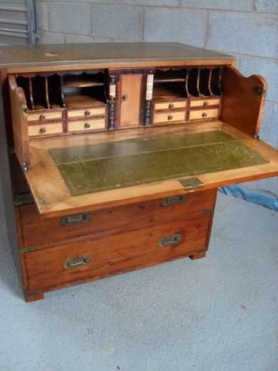 19th Century Pitch Pine Brass Bound Campaign Secretaire Chest