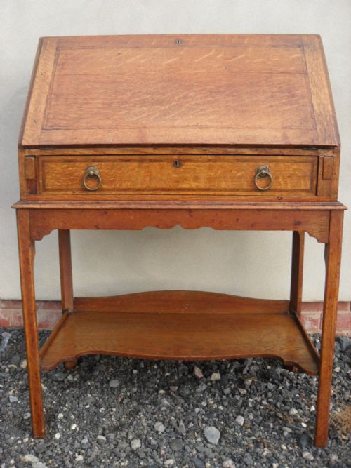 Edwardian Golden Oak Fall Front Bureau Desk with Large Crossbanded Drawer